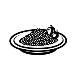 Minimalist black silhouette of couscous plate with vegetable garnishes on white background