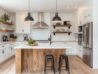 Openplan kitchen with matte white cabinets and natural wood island, functional minimalist decor
