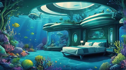 underwater scene with fishes and coral