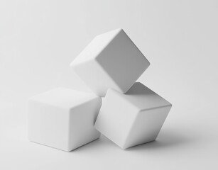 3D rendering of three white cubes on the right side, stacked in one row and isolated against a light background. The first cube is lying flat to fill up half its surface with shadow, while two more bl