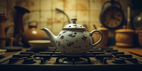 Obraz premium Antique Ceramic Teapot - Surreal Stovetop Scene