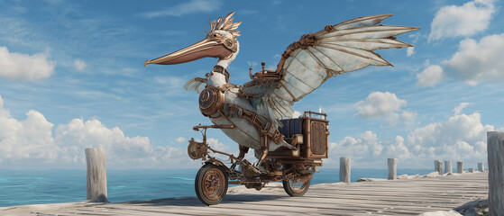 a steam-powered pelican with open wings riding a brass coconut scooter on pier pilings, summer nautical steampunk with fishing net textures; blue sky background