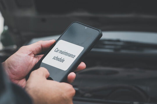 Technician holding a phone, checking the car maintenance schedule.