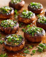 Grilled Mushrooms Topped with Fresh Herbs and Seasoning on Plate