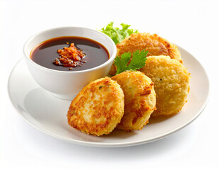 Pempek Fish Cakes from Palembang Indonesia Served with Spicy Vinegar Sauce on Plate

