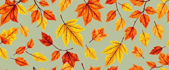 Obraz premium Whimsical hand-drawn autumn leaves in warm tones, seamlessly repeating, yellow, sketch