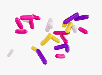 Bright and colorful candy sprinkles scattered on a white background, 3d illustration