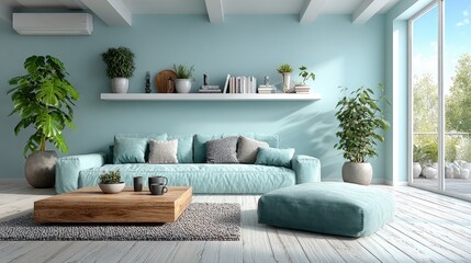 Minimalist living space featuring large empty wall, light tones, and simple geometric decor