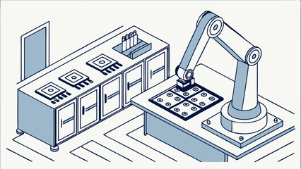 Isometric view of robotic arm placing components on a circuit board in a manufacturing setting area