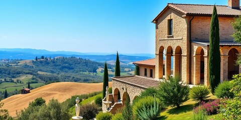 Tuscan villa, stone arches, hilltop view, rolling hills, cypress trees, terracotta roof, Tuscan,  summer