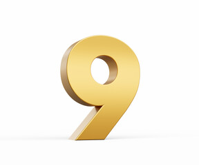 3D Golden number 9 Nine isolated on white background, 3d illustration