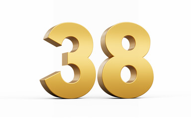 3D Golden number 38 Thirty eight isolated on white background, 3d illustration
