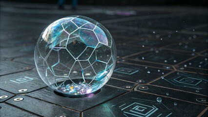 A shattered sphere of holographic glass hovers midair