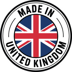 Round Black and White Made in United Kingdom Badge with Union Jack Flag
