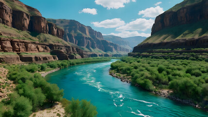 Majestic Canyon Vista: A breathtaking aerial view captures a vibrant river winding its way through towering canyon walls under a bright blue sky.