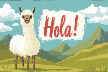 alpaca saying "Hola!" in Spanish, Andes background, flat vector with stylized letters
