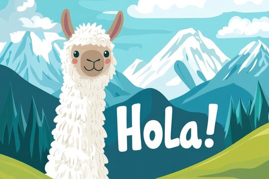alpaca saying "Hola!" in Spanish, Andes background, flat vector with stylized letters