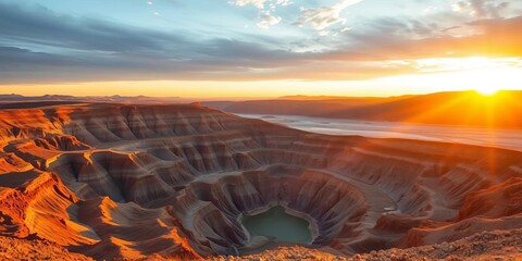 Vast open pit mine bathed in sunset's golden light, industrial, panorama