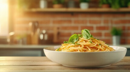 Delicious spaghetti with basil in a cozy kitchen setting. AI-generated.