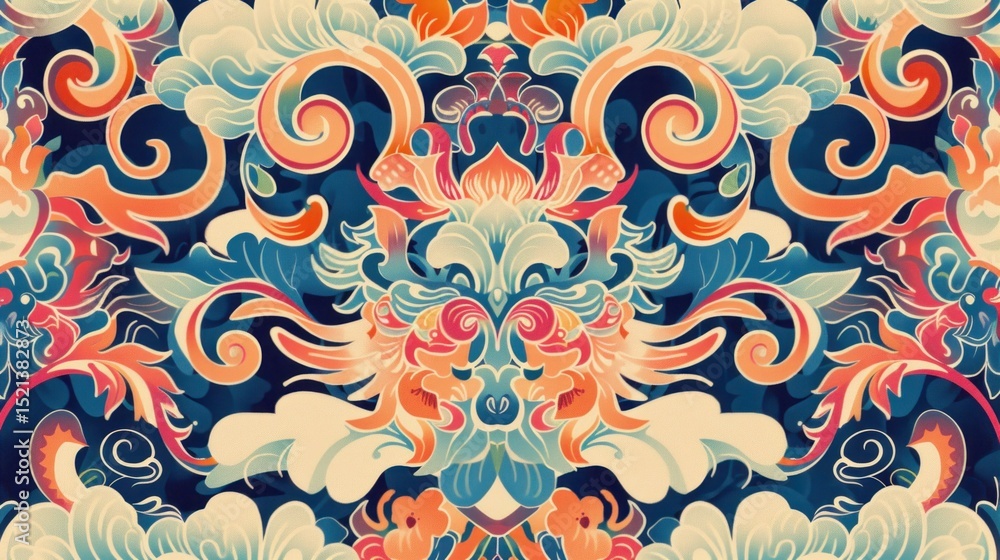 Poster psychedelic repeating design with swirls and floral elements stock photo --ar 16:9 --raw --v 6 job i