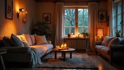 Fototapeta premium Warm candlelight illuminates a cozy living room interior, casting soft shadows on plush textiles and wooden furniture Perfect for home decor, interior design, and lifestyle blogs , furniture, night