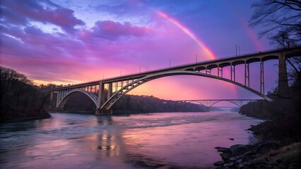 Obraz premium Fractal bridges float above a molten rainbow river under a gradient sky