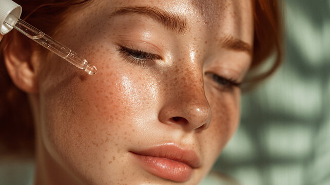 Nahaufnahme einer jungen Frau mit nat&uuml;rlicher Haut, auf die mit einer Pipette ein Gesichtsserum aufgetragen wird &ndash; Hautpflege-Routine bei Tageslicht f&uuml;r gesunde, strahlende Haut