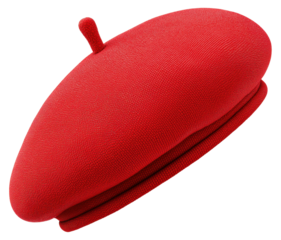 Vibrant red beret showcasing classic French style isolated on transparent background.