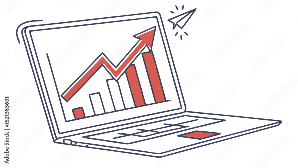 Poster laptop screen displaying a rising graph with red bars and a paper airplane flying upwards near it