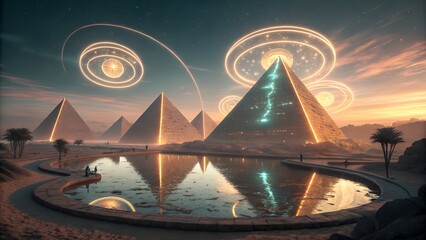 Glowing pyramids arranged in circular patterns levitate above a mirrored pool