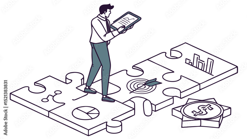 Poster a man standing on puzzle pieces looking at a tablet with graphs and a coin with a dollar sign near b