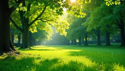 Fototapeta premium Serene green leaf park scene, lush foliage, vibrant greenery, sunlight dappling through leaves Perfect for nature, tranquility, and environmental themes , landscape, serenity