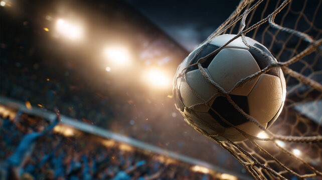 ゴールネットを揺らす決定的瞬間のサッカーボール
