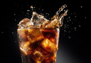 Refreshing splash of cold cola with ice cubes in a frosty glass on dark background, capturing motion and energy perfect for beverage branding and commercial use