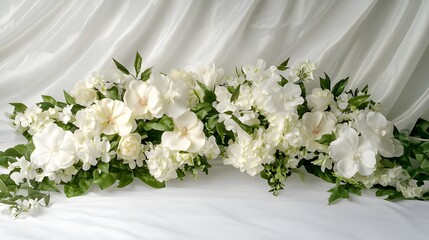 Elegant White Floral Arrangement on Soft White Fabric Background