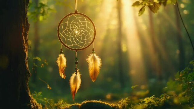 Dreamcatcher hanging in forest, forest's magical atmosphere, catching good dreams, protecting sleeper from nightmares, use for meditation, calming, relaxation, dream background.