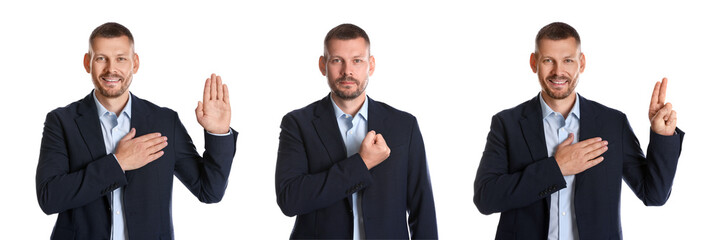 Man showing different oath gestures on white background, collection of photos