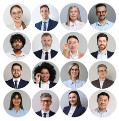 Many different business people, collage of portraits on white background