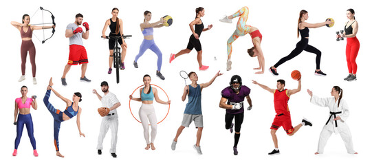 People engaged in different sport activities on white background, collage