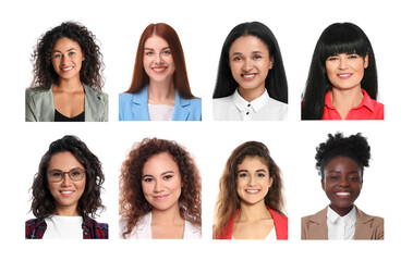 Photos of different women for passport or other identification document on white background, set