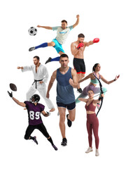 People engaged in different sport activities on white background, collage