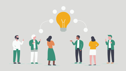 Illustration of a group of people brainstorming with a lightbulb as a central idea symbol concept