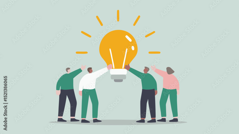 Poster people collaborating to hold up a large lightbulb representing a bright idea and teamwork concept