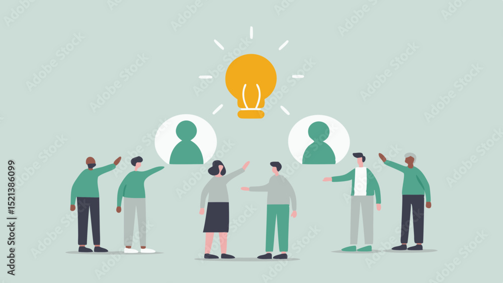 Aufkleber group of people pointing at lightbulb and profile icons in a collaboration setting concept design
