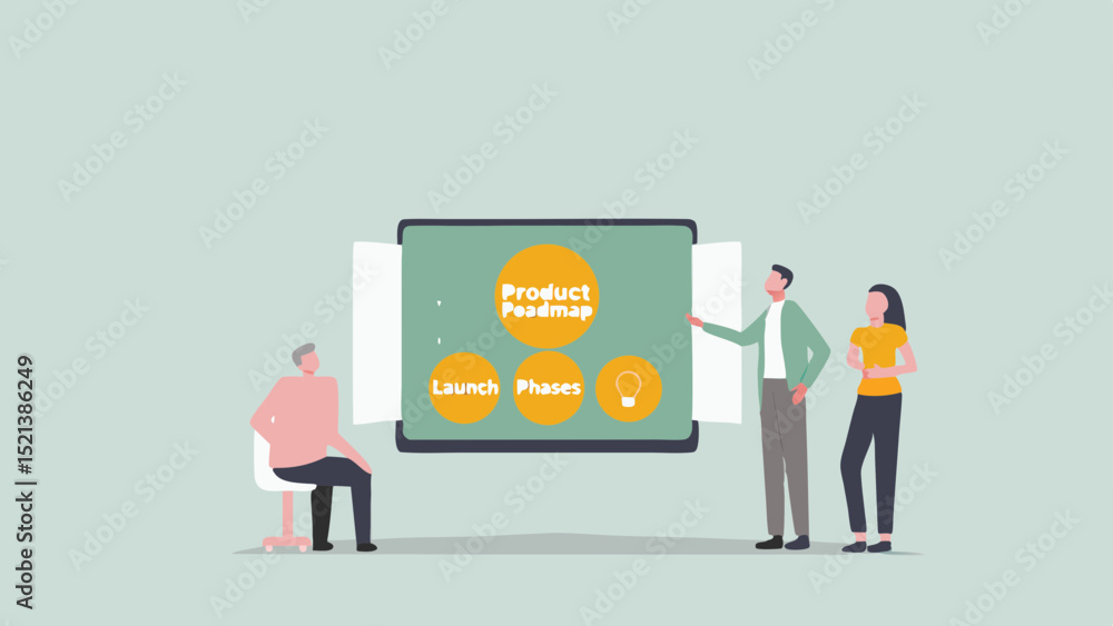 Poster people presenting a product roadmap on a board with launch phases and idea generation icons displaye