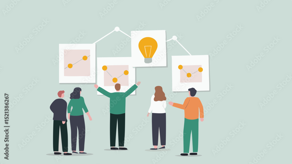 Poster team brainstorming with charts and lightbulb idea on the wall in a collaborative office setting
