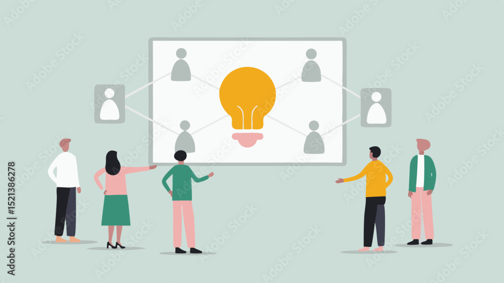 Poster group of people brainstorming ideas with a lightbulb and network on a whiteboard presentation
