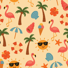 Colorful Summer pink flamingo and palm trees floral seamless pattern. Vector illustration