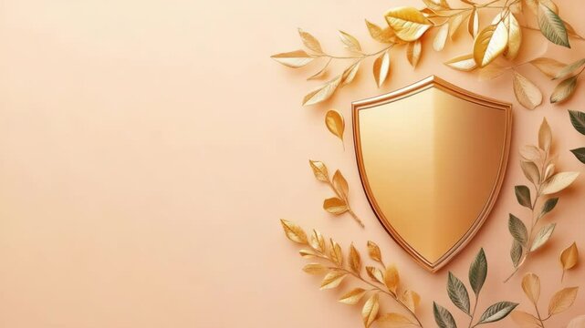 Golden shield with laurel wreath, copy space design, blank medieval heraldic emblem for branding presentation, security symbol, protection badge for banner, for greeting card, for invitation