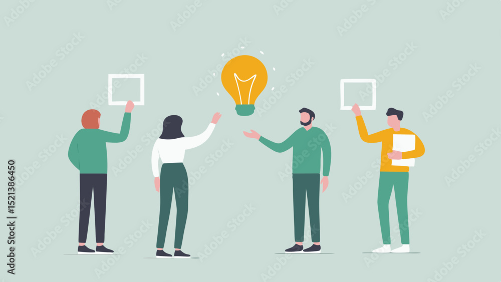 Poster group of people standing around a lightbulb with two holding up blank frames in a light background